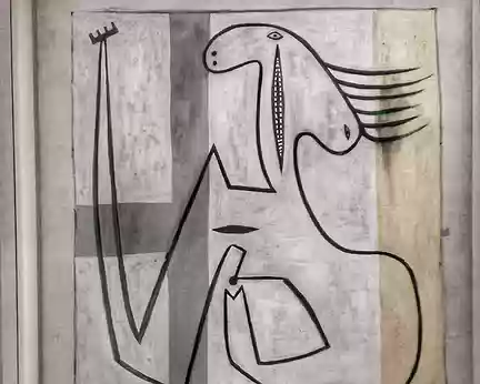 029 Picasso, Nu sur fond blanc 1927. Une ligne et des signes pour représenter les parties du corps.